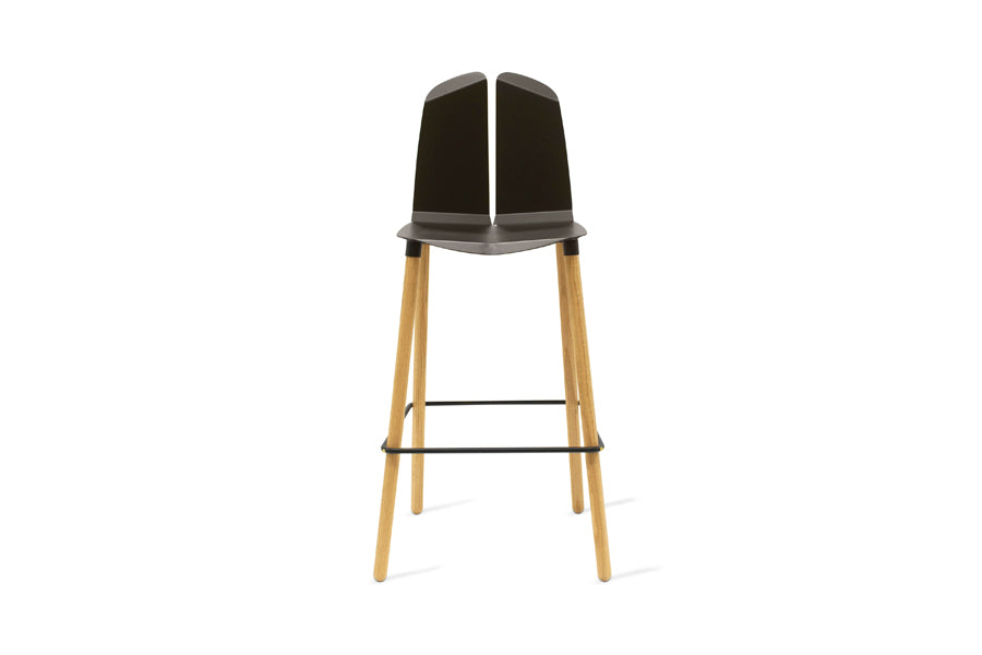 Noa Bar Stool by Tronk Design, showing front view of noa bar stool in black powder coated steel/natural oak wood.