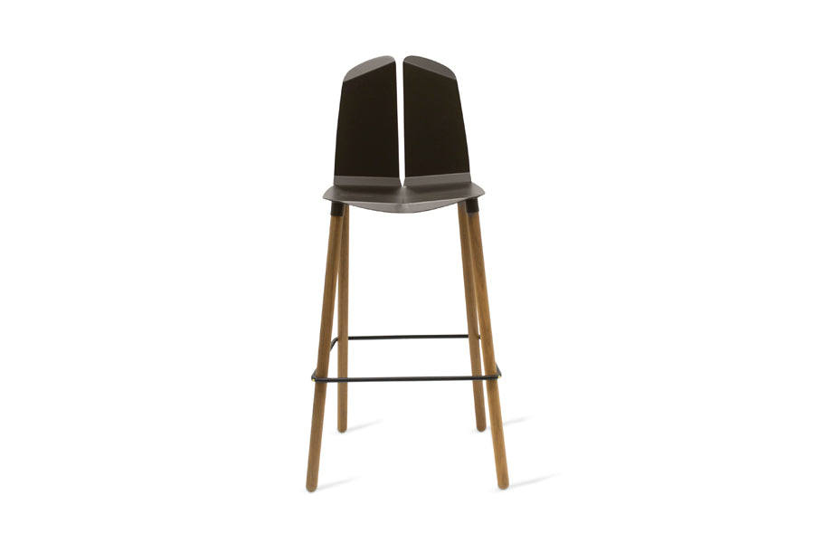 Noa Bar Stool by Tronk Design, showing front view of noa bar stool in black powder coated steel/walnut wood.