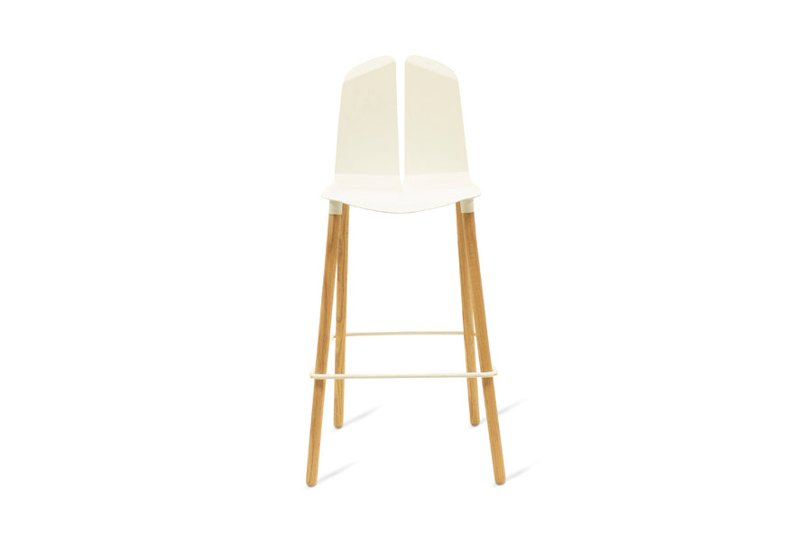 Noa Bar Stool by Tronk Design, showing front view of noa bar stool in white powder coated steel/natural oak wood.