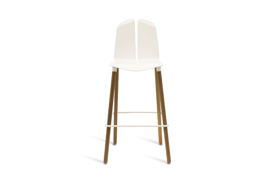 Noa Bar Stool by Tronk Design, showing front view of noa bar stool in white powder coated steel/walnut wood.