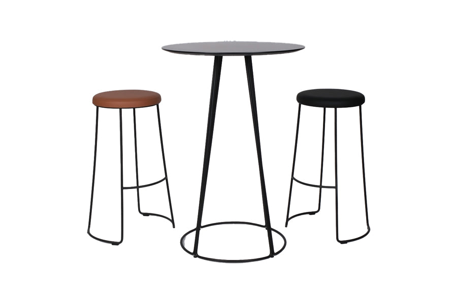 Nory Bar Stool by Kollektiff, showing different angle view of nory bar stool in graphite black ral 9011/upholstery with table.