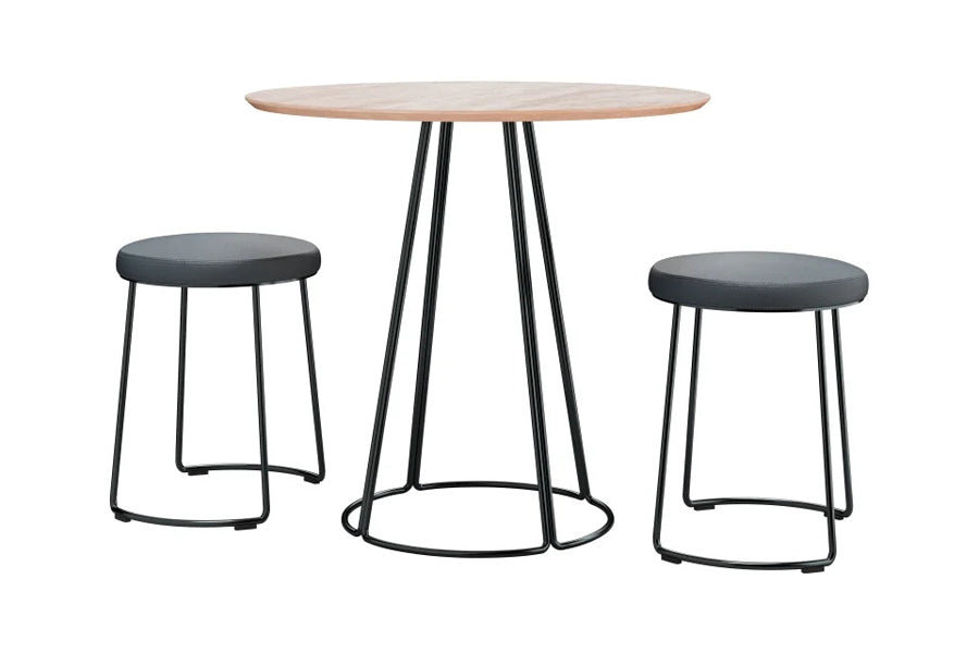 Nory Dining Stool by Kollektiff, showing different angle view of nory dining stools in graphite black ral 9011/com/col group with table.