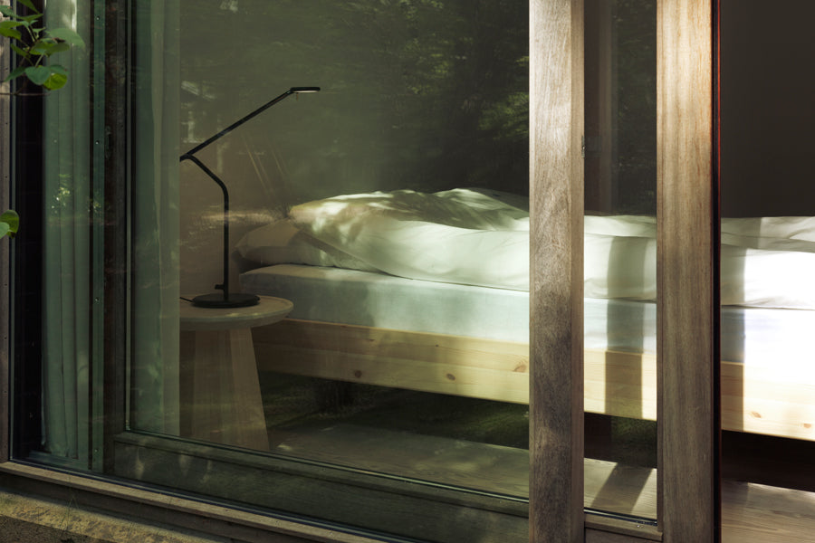 Notch Bed Frame by Normann Copenhagen, showing closeup view of notch bed frame in live shot.
