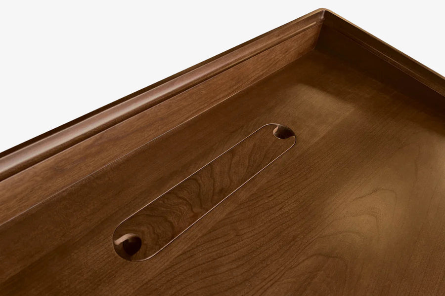 Odin Desk by Copeland Furniture, showing closeup view of odin desk in natural walnut.