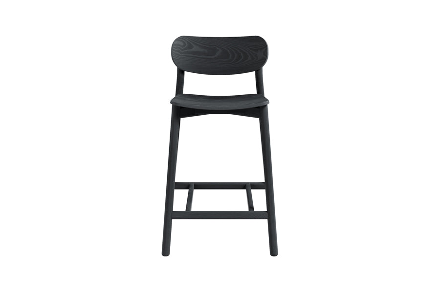 Ojai Wood Stool by Kollektiff, showing front view of ojai wood stool in counter/black beech stained wood/none.