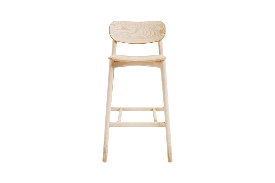 Ojai Wood Stool by Kollektiff, showing front view of ojai wood stool in bar/clear oak wood/none.
