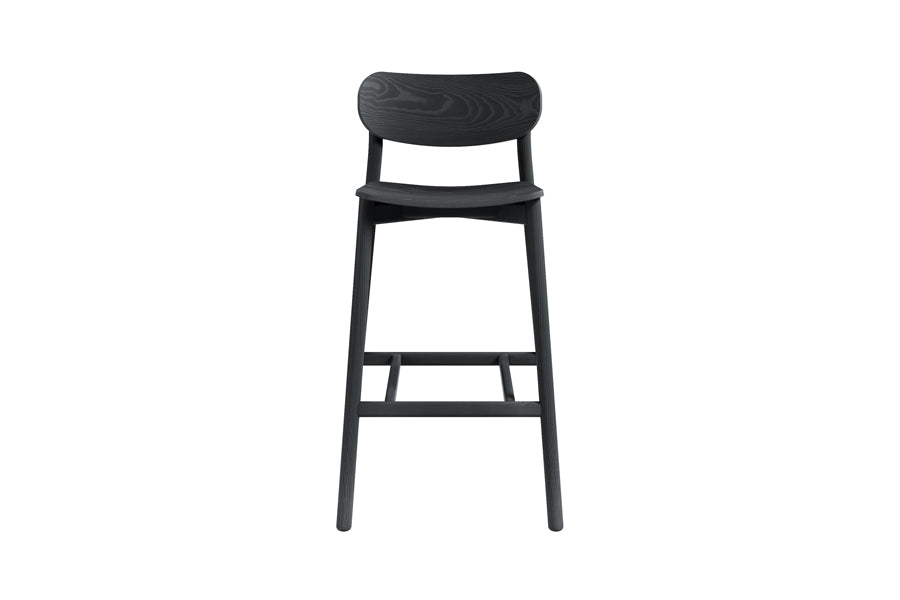 Ojai Wood Stool by Kollektiff, showing front view of ojai wood stool in bar/black beech stained wood/none.