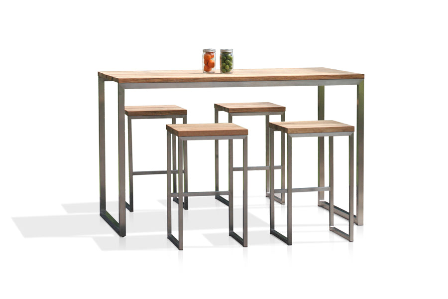 Oko Bar High Dining Table by Mamagreen, showing angle view of oko bar high dining table in hairline 304 stainless steel/brushed recycled teak wood with stools.