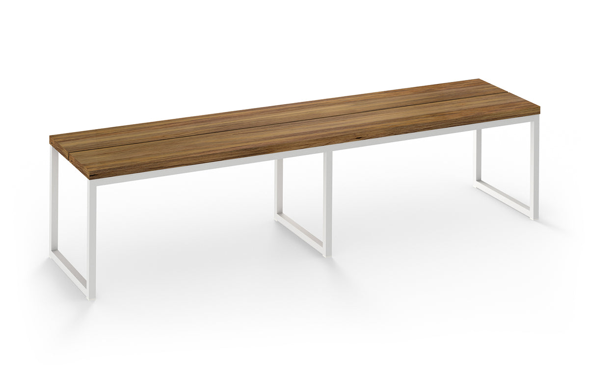 Oko Dining Bench by Mamagreen - 73" x 18", White Sand Stainless Steel/Brushed Recycled Teak Wood.
