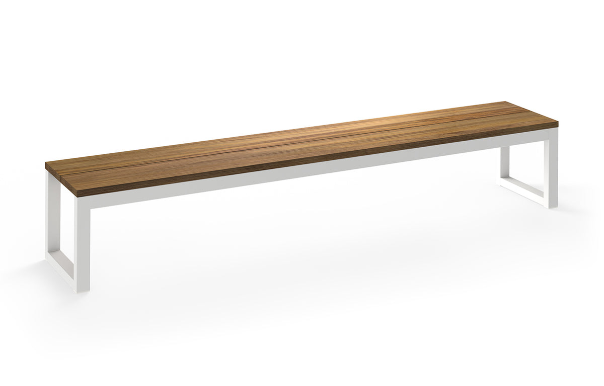 Oko Dining Bench by Mamagreen - 103" x 18", White Sand Stainless Steel/Brushed Recycled Teak Wood.