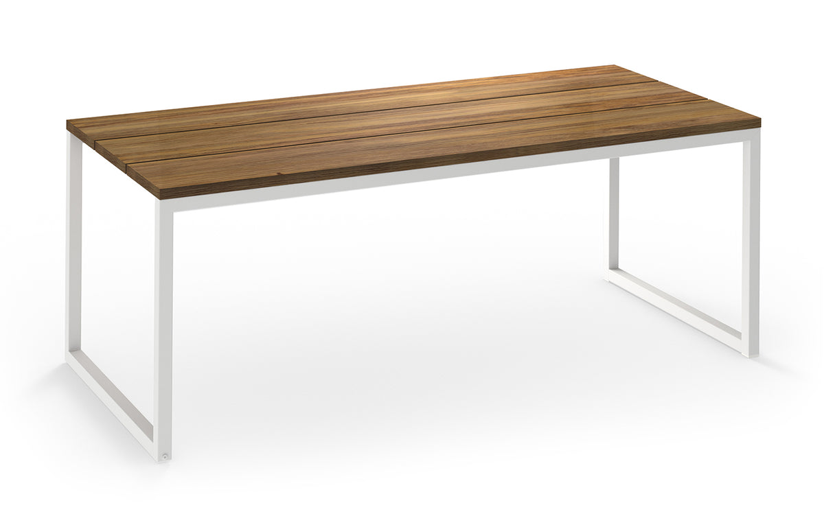 Oko Dining Table by Mamagreen - 79" x 36", White Sand Stainless Steel/Brushed Recycled Teak Wood.