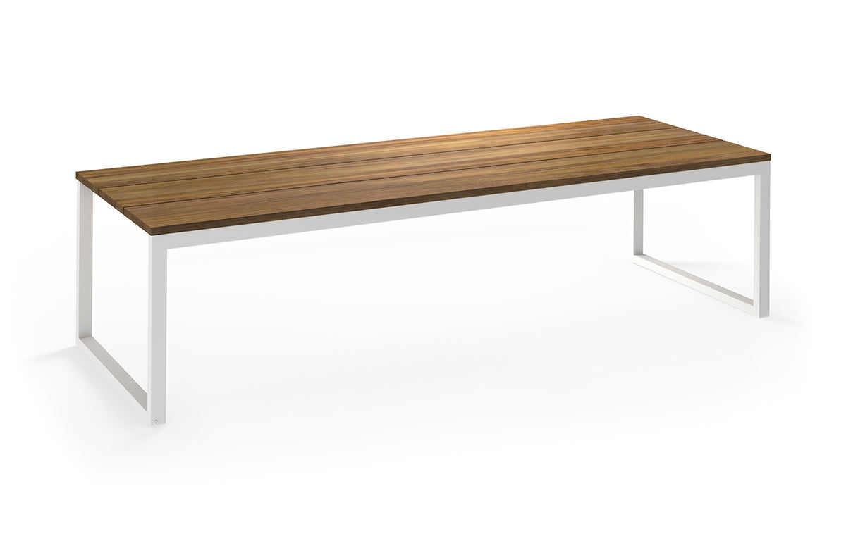 Oko Dining Table by Mamagreen - 118" x 40", White Sand Stainless Steel/Brushed Recycled Teak Wood.