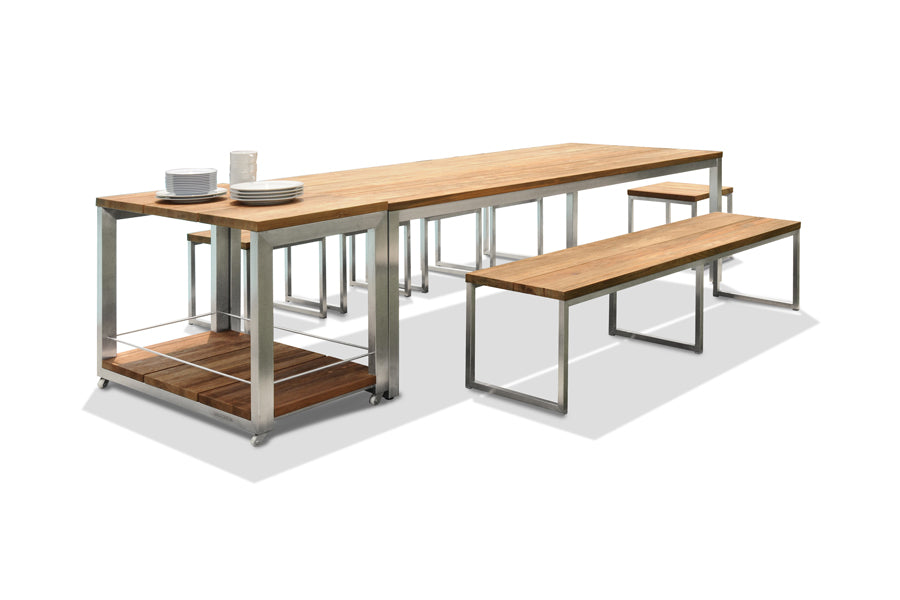 Oko Stool by Mamagreen, showing oko stools in hairline 304 stainless steel/brushed recycled teak wood.