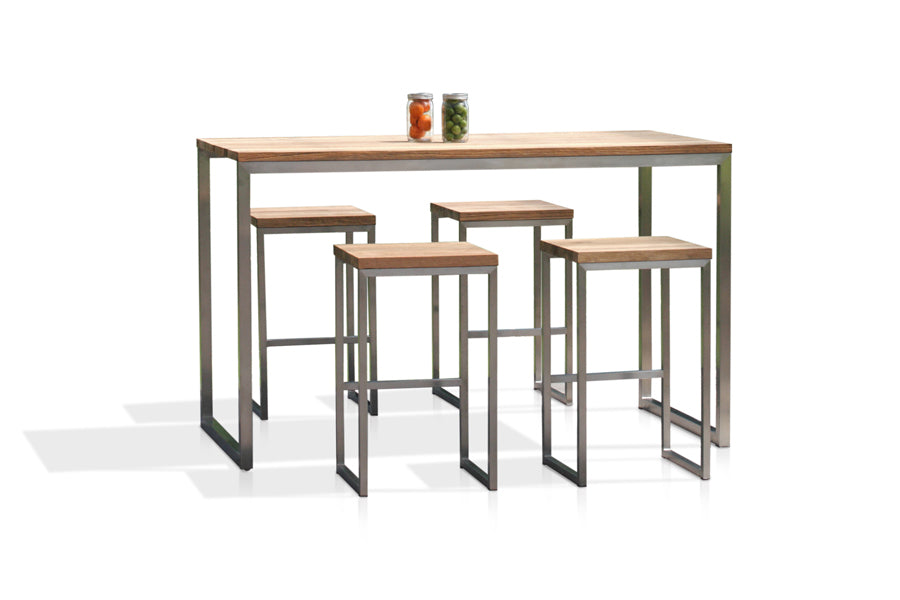 Oko Stool by Mamagreen, showing oko stools in hairline 304 stainless steel/brushed recycled teak wood.