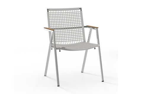 Olaf Dining Armchair by Mamagreen - Hairline 304 Stainless Steel, Snow White Round Wicker/Smooth Sanded Recycled Teak Wood.