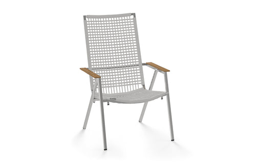 Olaf Easy Armchair by Mamagreen - Hairline 304 Stainless Steel, Snow White Round Wicker/Smooth Sanded Recycled Teak Wood.