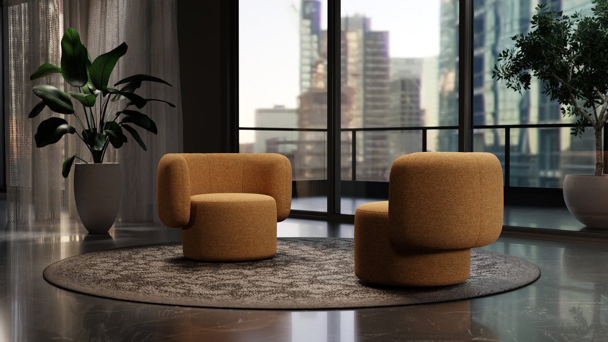 Ora Swivel Lounge Chair by B&T, showing ora swivel lounge chairs in live shot.