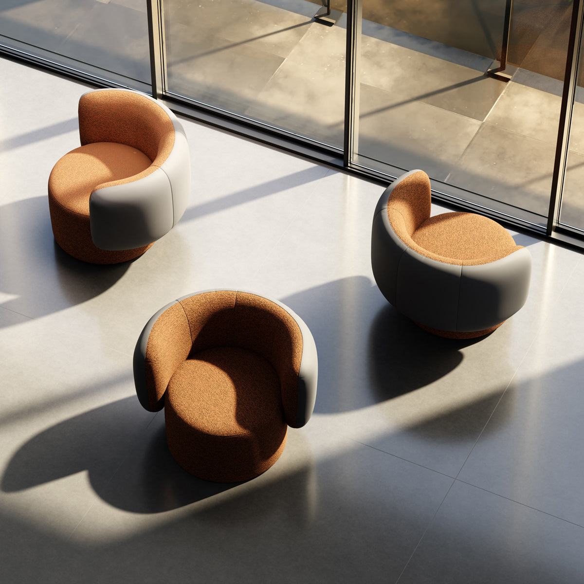 Ora Swivel Lounge Chair by B&T, showing ora swivel lounge chairs in live shot.