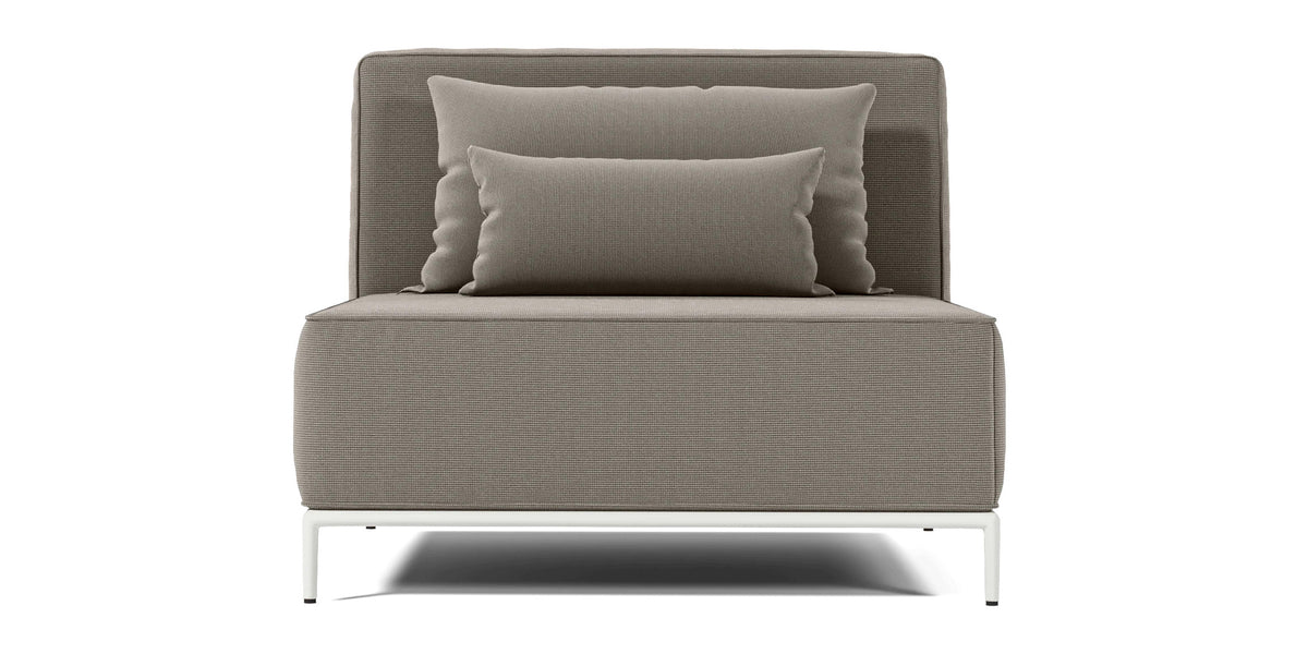 Orien Outdoor Armless Chair by Viesso, showing front view of orien outdoor armless chair in taupe fabric.