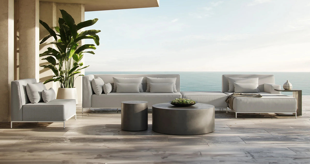 Orien Outdoor Ottoman by Viesso, showing orien outdoor ottoman in live shot.