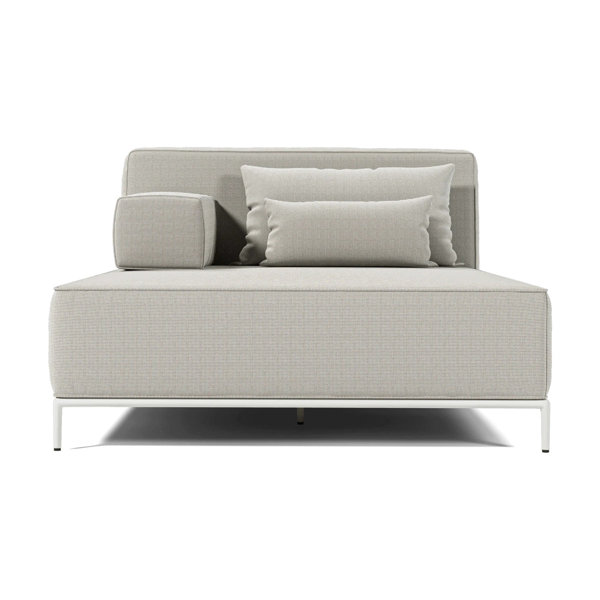 Orien Outdoor Sectional by Viesso, showing front view of orien outdoor sectional in chaise(left)/cream fabric.