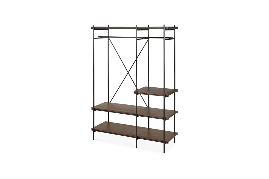 Oscar Rack by Ethnicraft, showing angle view of oscar rack in 55" x 20" with garment rail/varnished teak brown.