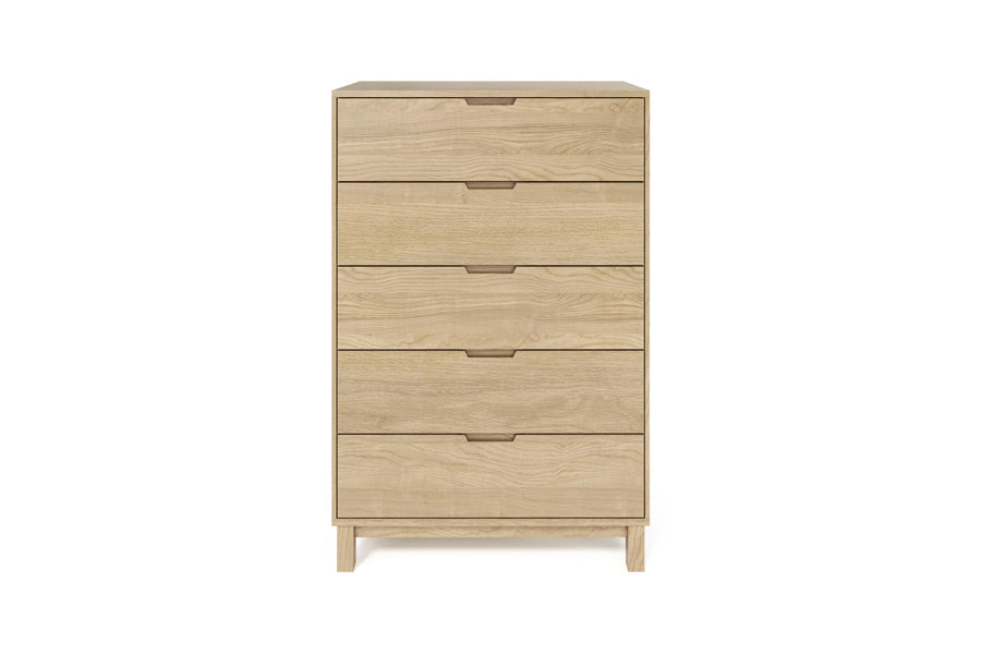 Oslo Dresser by Copeland Furniture, showing front view of oslo dresser in 5 drawers wide chest/natural oak.