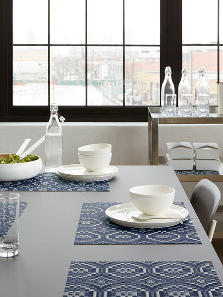 Overshot Tabletop by Chilewich, showing overshot tabletops in live shot.