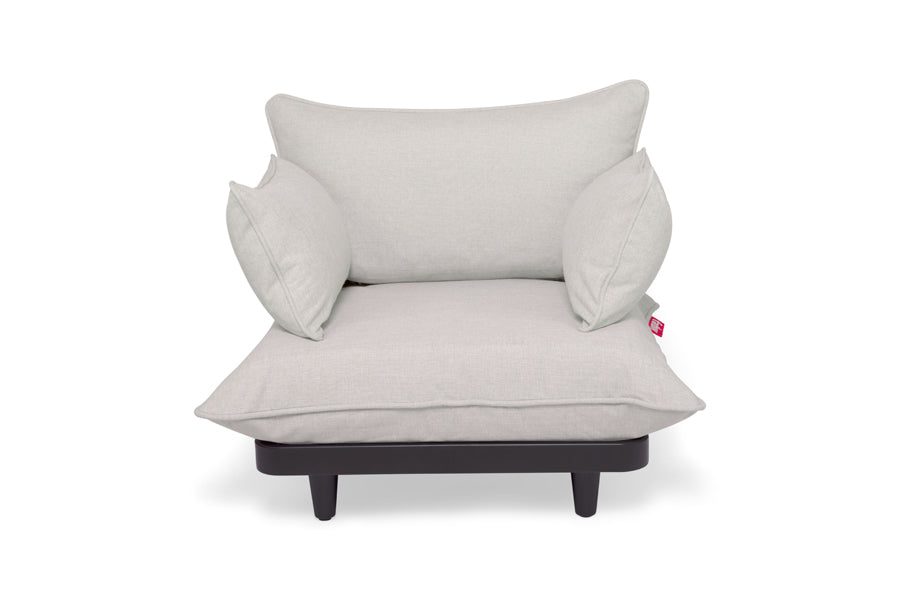 Paletti Lounge Chair by Fatboy, showing front view of paletti lounge chair in mist sunbrella fabric.
