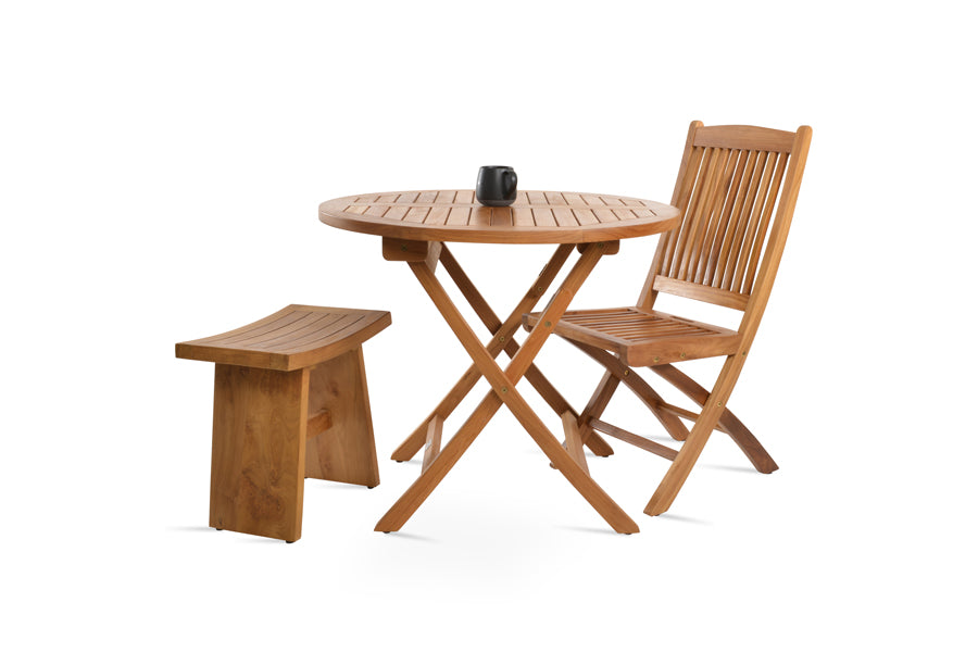 Pamela Folding Dining Table by SohoConcept, showing front view of pamela folding dining table in round/teak wood with chair & stool.