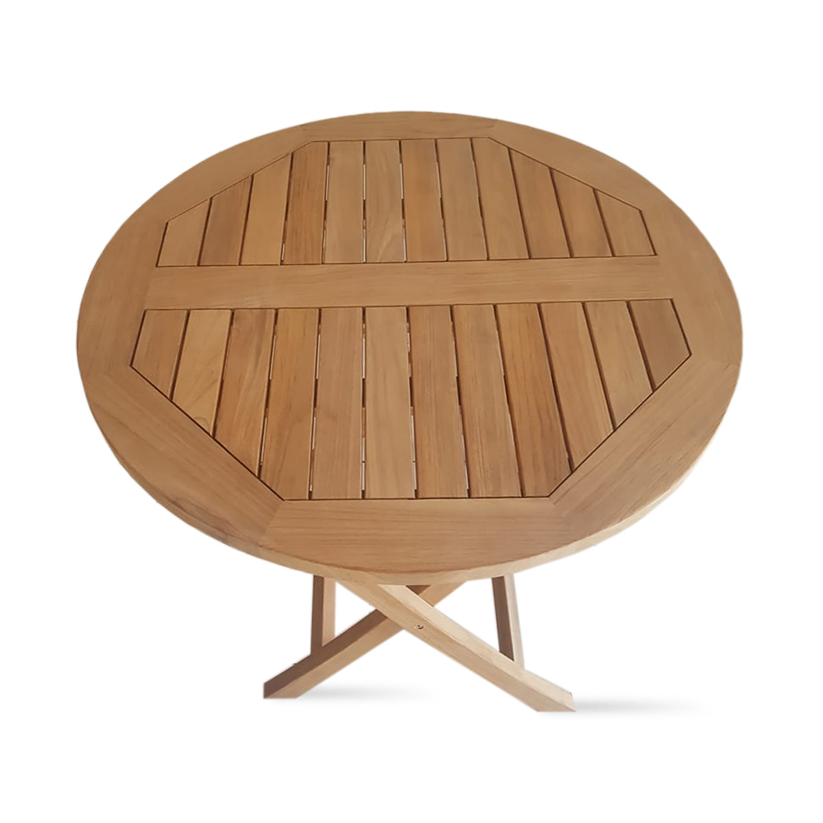 Pamela Folding Dining Table by SohoConcept, showing top view of pamela folding dining table in round/teak wood.