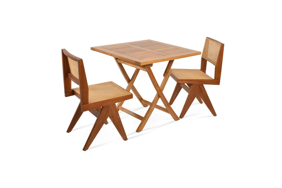 Pamela Folding Dining Table by SohoConcept, showing angle view of pamela folding dining table in square/teak wood with chairs.