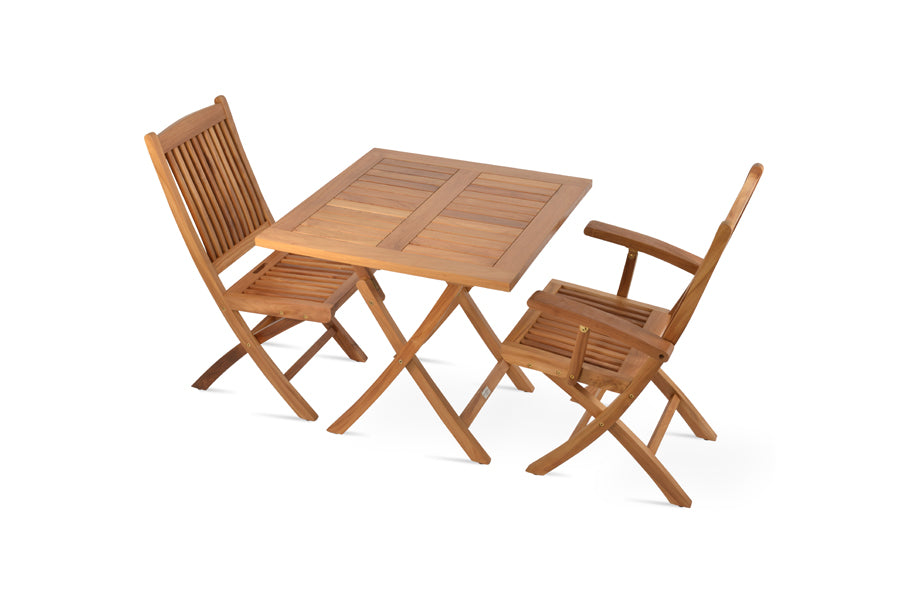Pamela Folding Dining Table by SohoConcept, showing angle view of pamela folding dining table in square/teak wood with chairs.