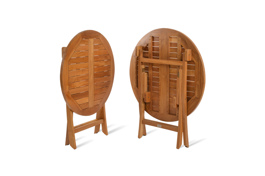 Pamela Folding Dining Table by SohoConcept, showing folded view of pamela folding dining tables in small/medium round/teak wood.