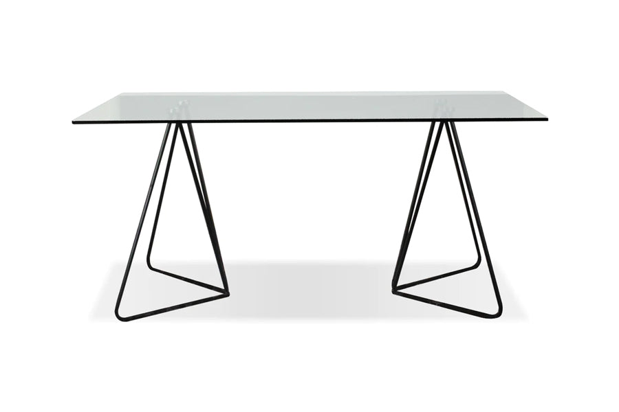 Papillon Dining Table by Mobital, showing front view of papillon dining table in 63" x 35"/clear glass top/black powder coated frame.