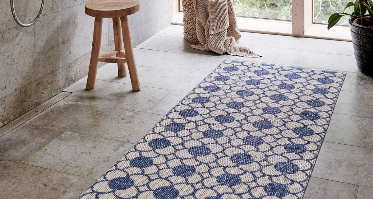 Anya River Blue Runner Rug by Pappelina, showing anya river blue runner rug in live shot.