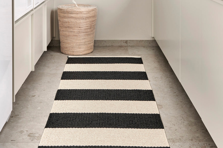 BOB Black Runner Rug by Pappelina, showing bob black runner rug in live shot.