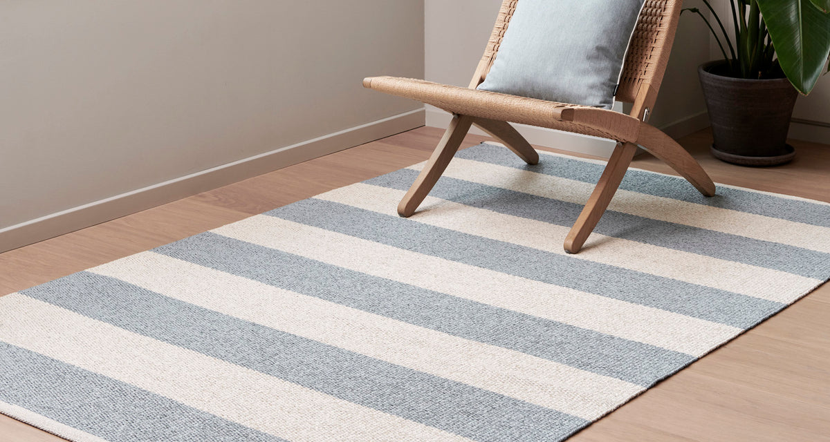 BOB Blue Fog Runner Rug by Pappelina, showing bob blue fog runner rug in live shot.