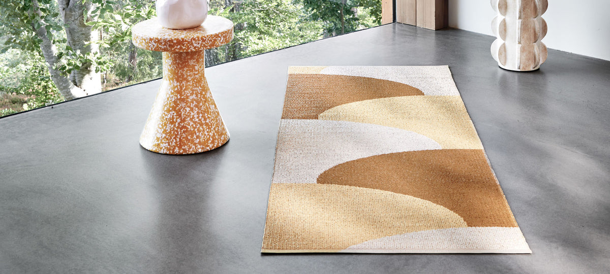 Hill Ochre Runner Rug by Pappelina, showing hill ochre runner rug in live shot.