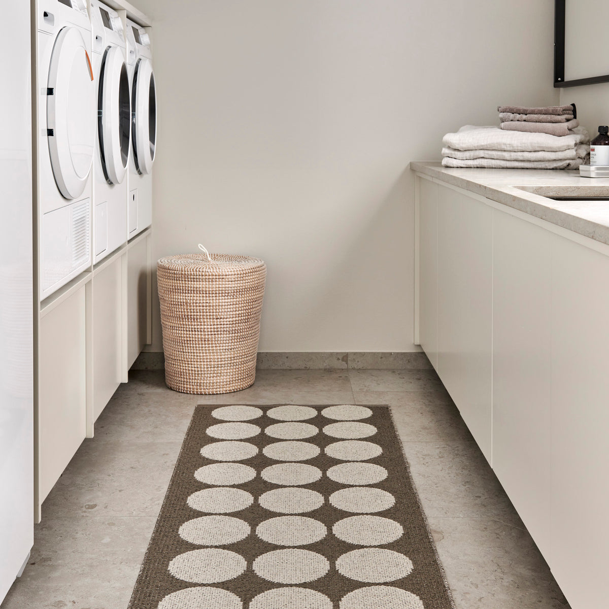 Hugo Walnut Runner Rug by Pappelina, showing hugo walnut runner rug in live shot.