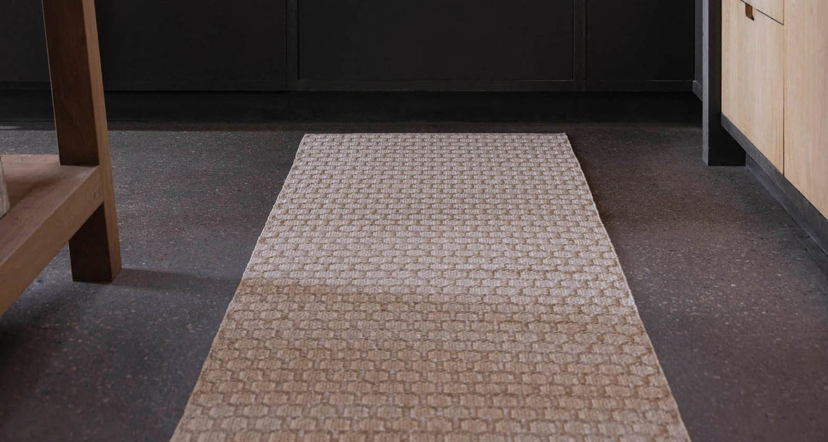 MIMI Beige Runner Rug by Pappelina, showing mimi beige runner rug in live shot.