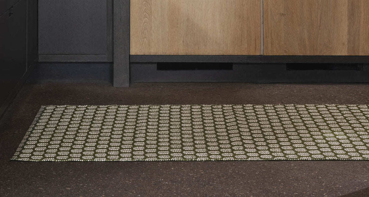 MIMI Dark Olive Runner Rug by Pappelina, showing mimi dark olive runner rug in live shot.