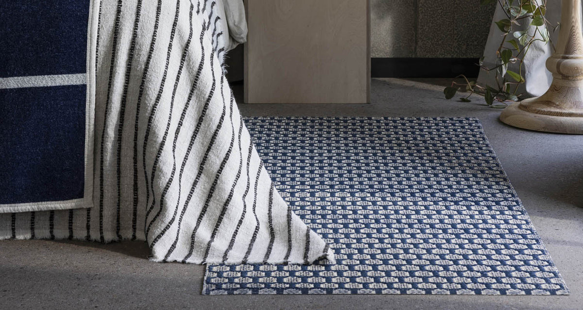 MIMI Ocean Blue Runner Rug by Pappelina, showing mimi ocean blue runner rug in live shot.