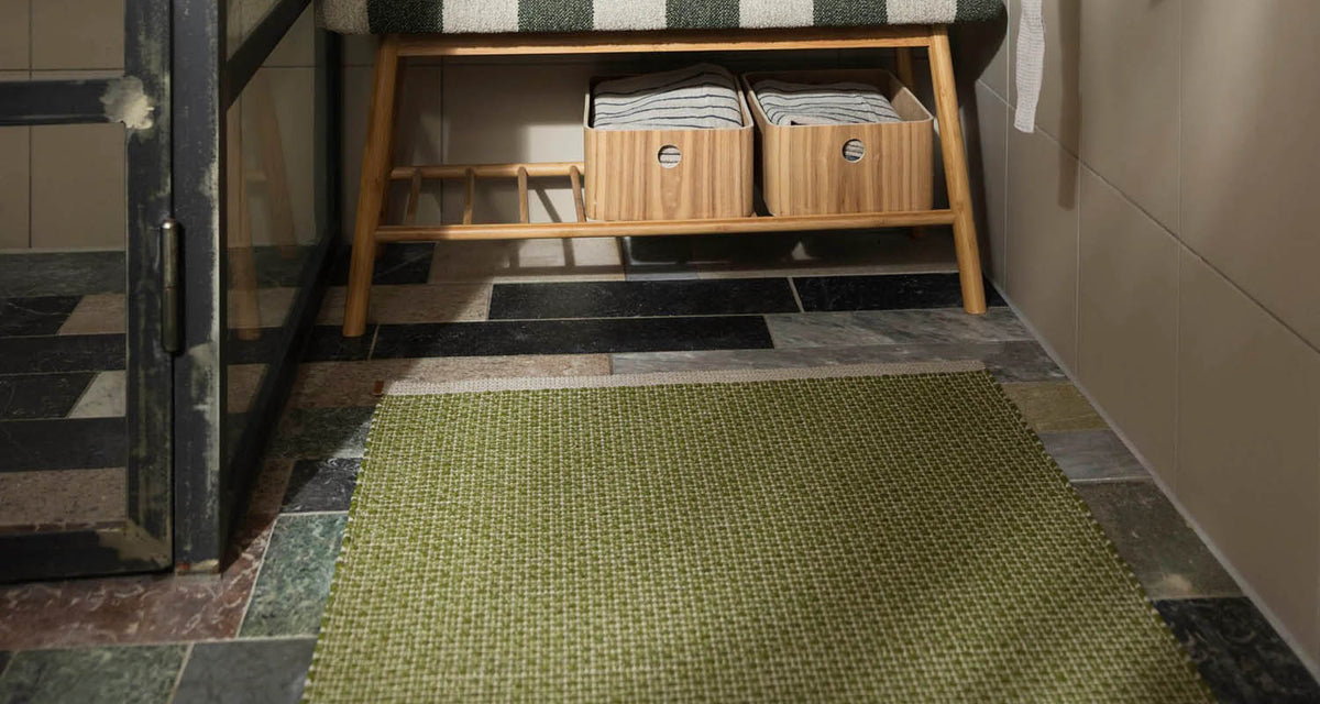 NILS Dark Olive Runner Rug by Pappelina, showing nils dark olive runner rug in live shot.