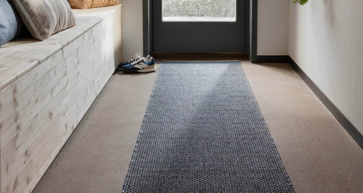 NILS Ocean Blue Runner Rug by Pappelina, showing nils ocean blue runner rug in live shot.