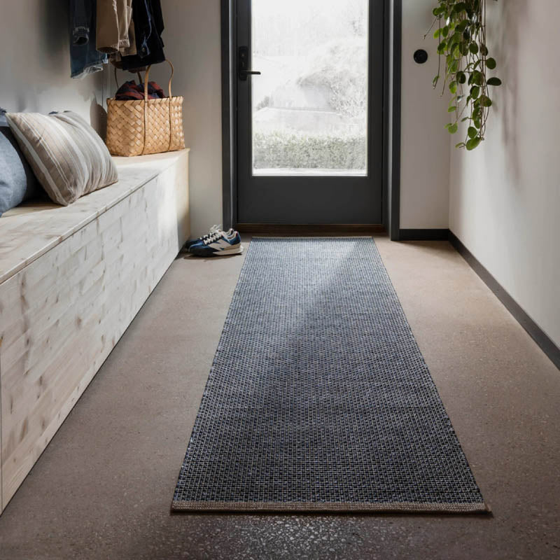 NILS Ocean Blue Runner Rug by Pappelina, showing nils ocean blue runner rug in live shot.