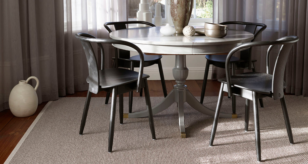 Svea Warm Grey Runner Rug by Pappelina, showing svea warm grey runner rug in live shot.