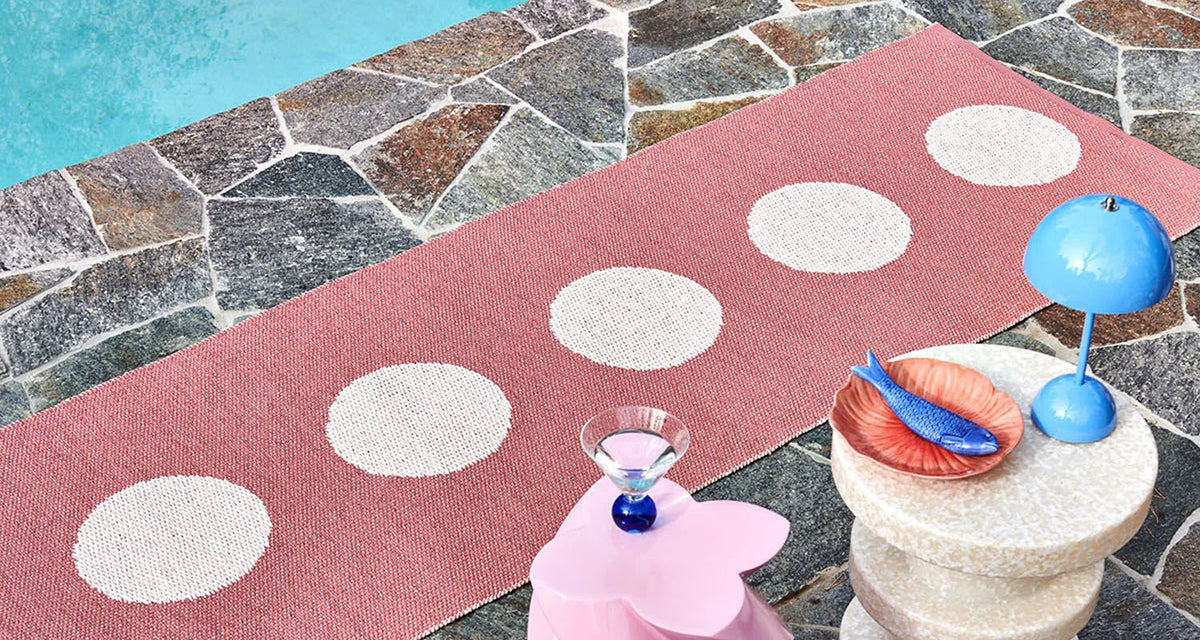 Vera Pop Blush Runner Rug by Pappelina, showing vera pop blush runner rug in live shot.
