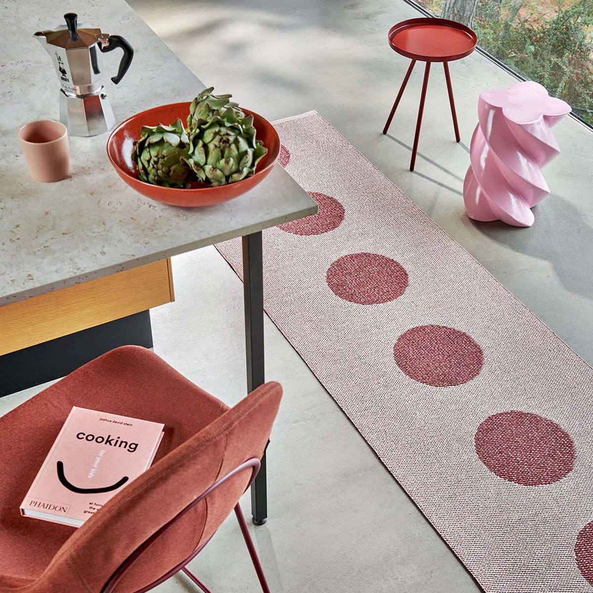 Vera Pop Blush Runner Rug by Pappelina, showing vera pop blush runner rug in live shot.