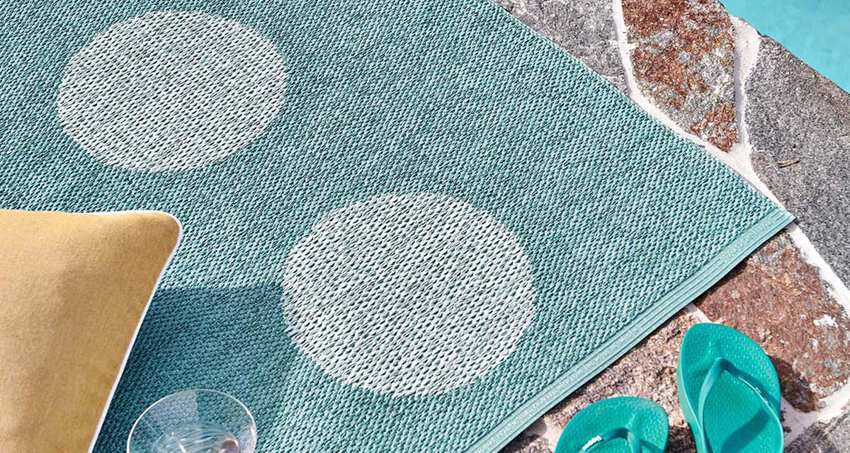 Vera Pop Jade Runner Rug by Pappelina, showing vera pop jade runner rug in live shot.